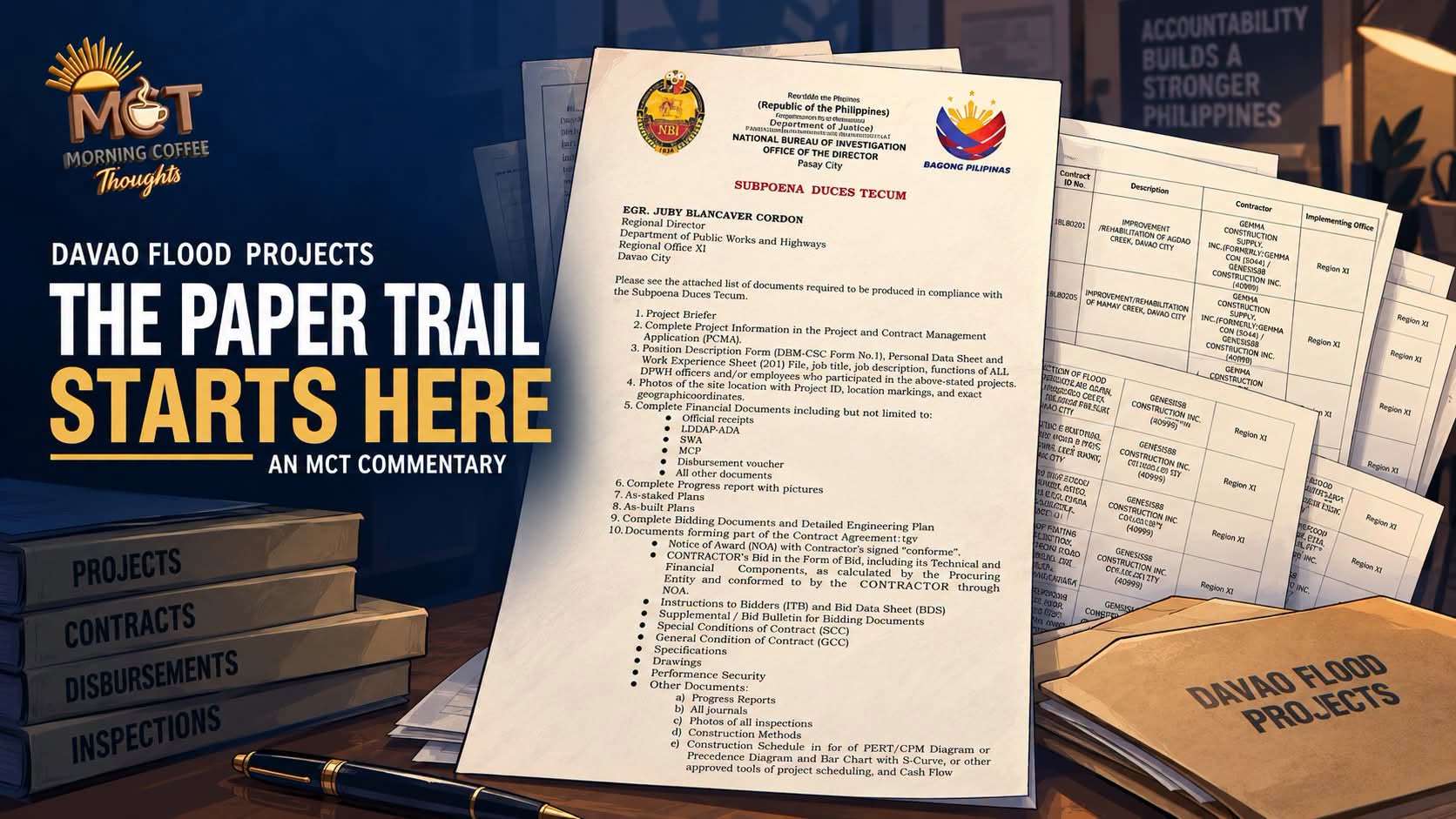 MCT cover showing the NBI subpoena and Davao flood project records beside the words THE PAPER TRAIL STARTS HERE.