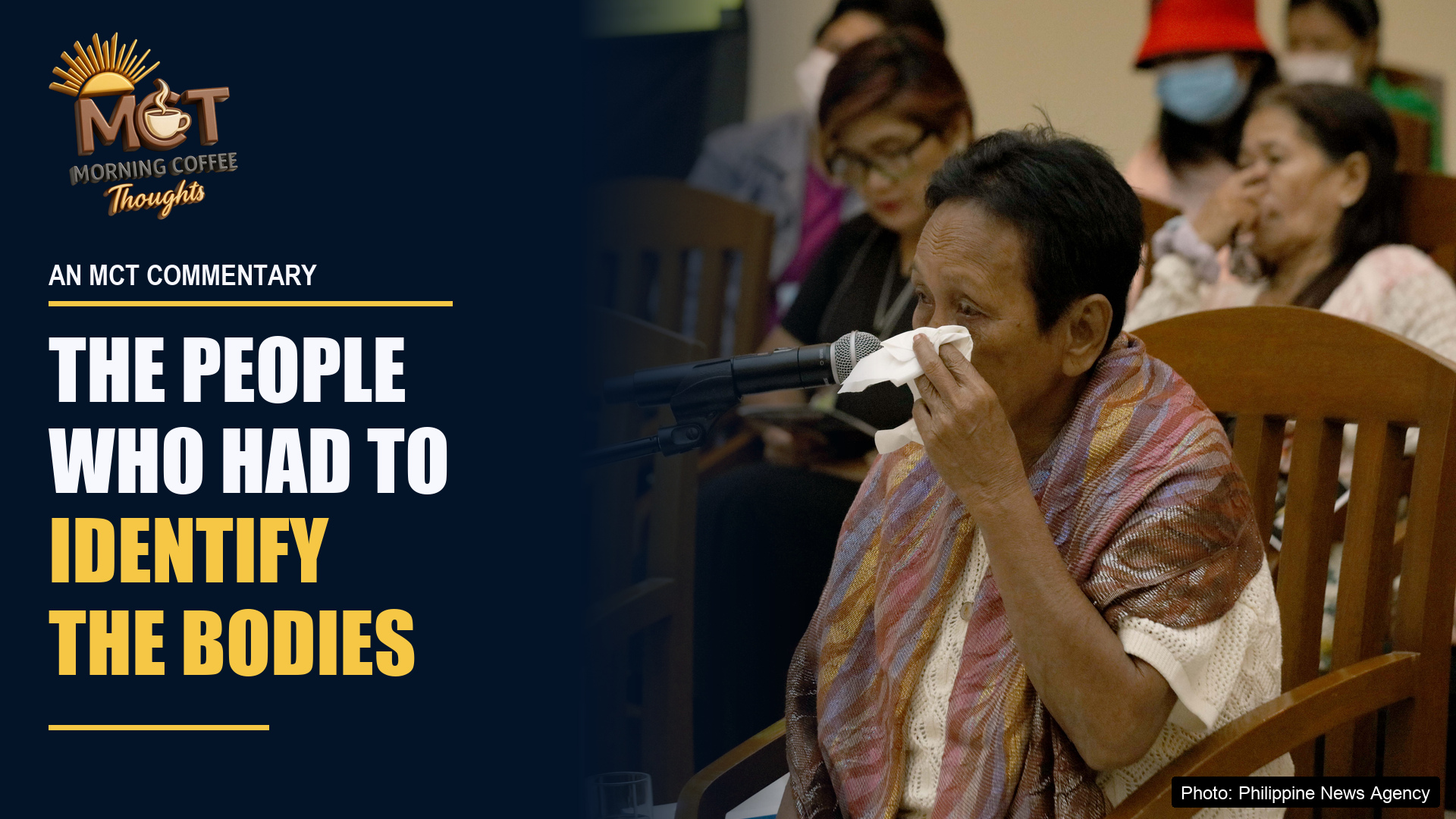 Clarita Alia wipes her eyes during a public truth-telling session. Photo: Philippine News Agency.