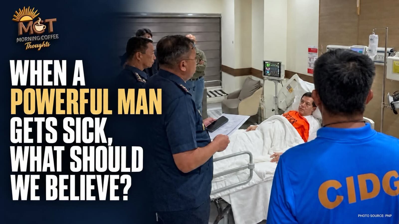 Martin Romualdez in a hospital bed surrounded by police officers beside the article title.