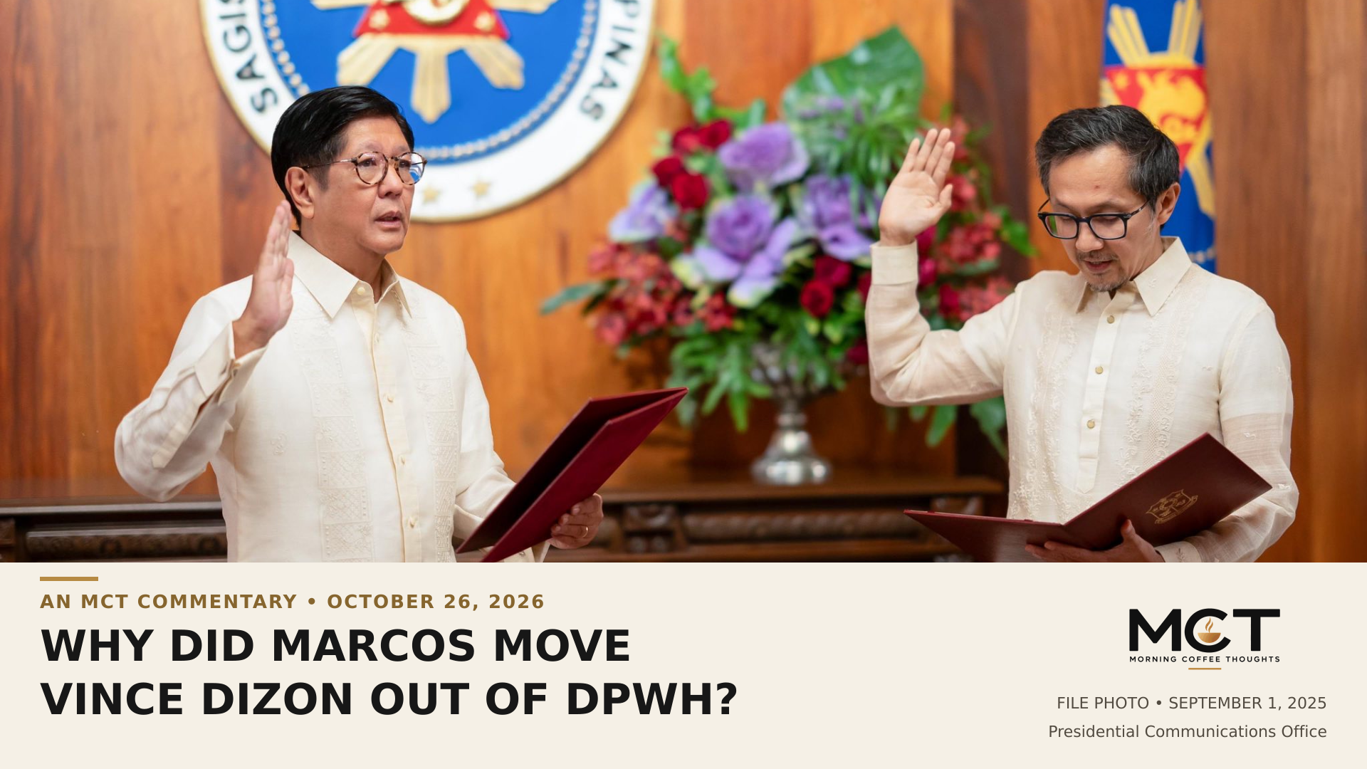 Marcos and Vince Dizon during Dizon’s September 1, 2025 oath-taking as DPWH secretary.