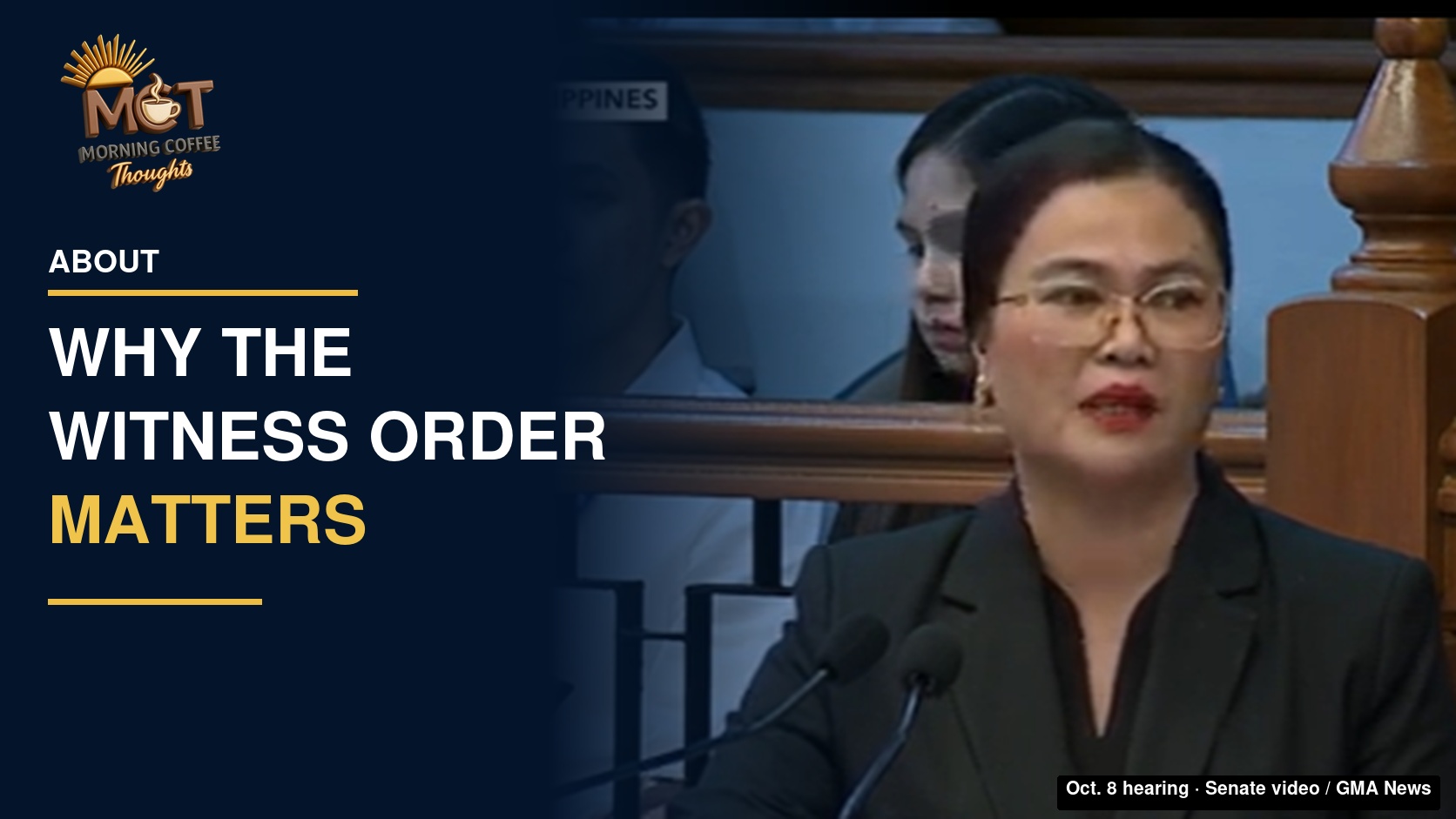 Defense counsel Sheila Sison during the October 8, 2026 witness-order dispute. Senate video frame via GMA News.