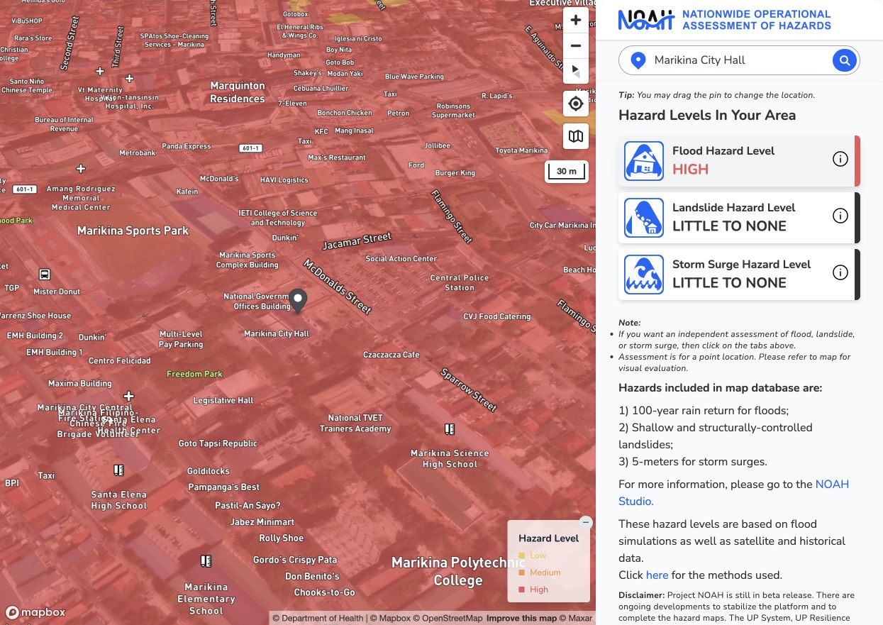 Project NOAH hazard checker showing a high flood-hazard result for Marikina City Hall