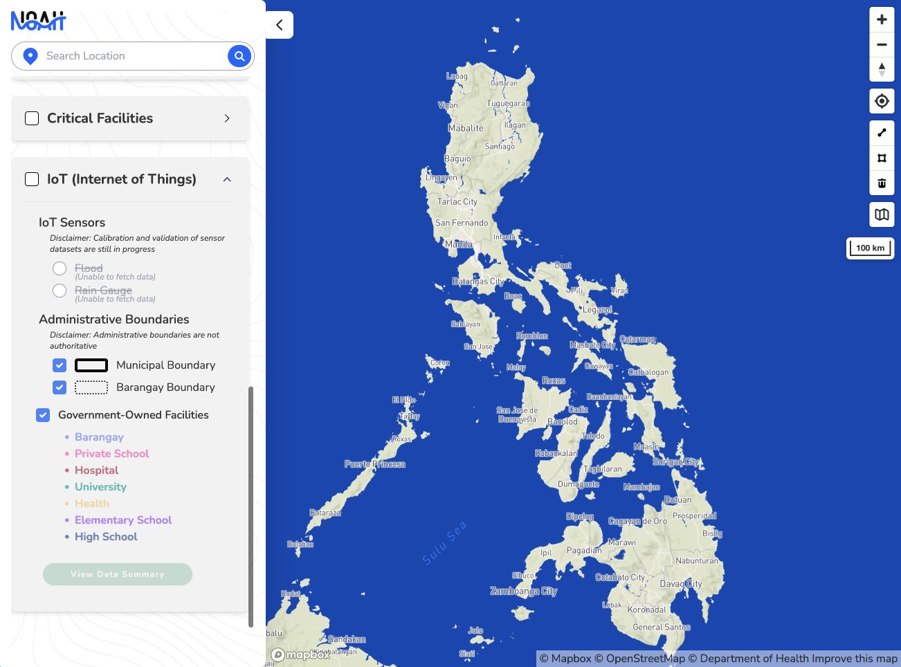 Project NOAH Studio showing disabled flood and rain-gauge sensor feeds